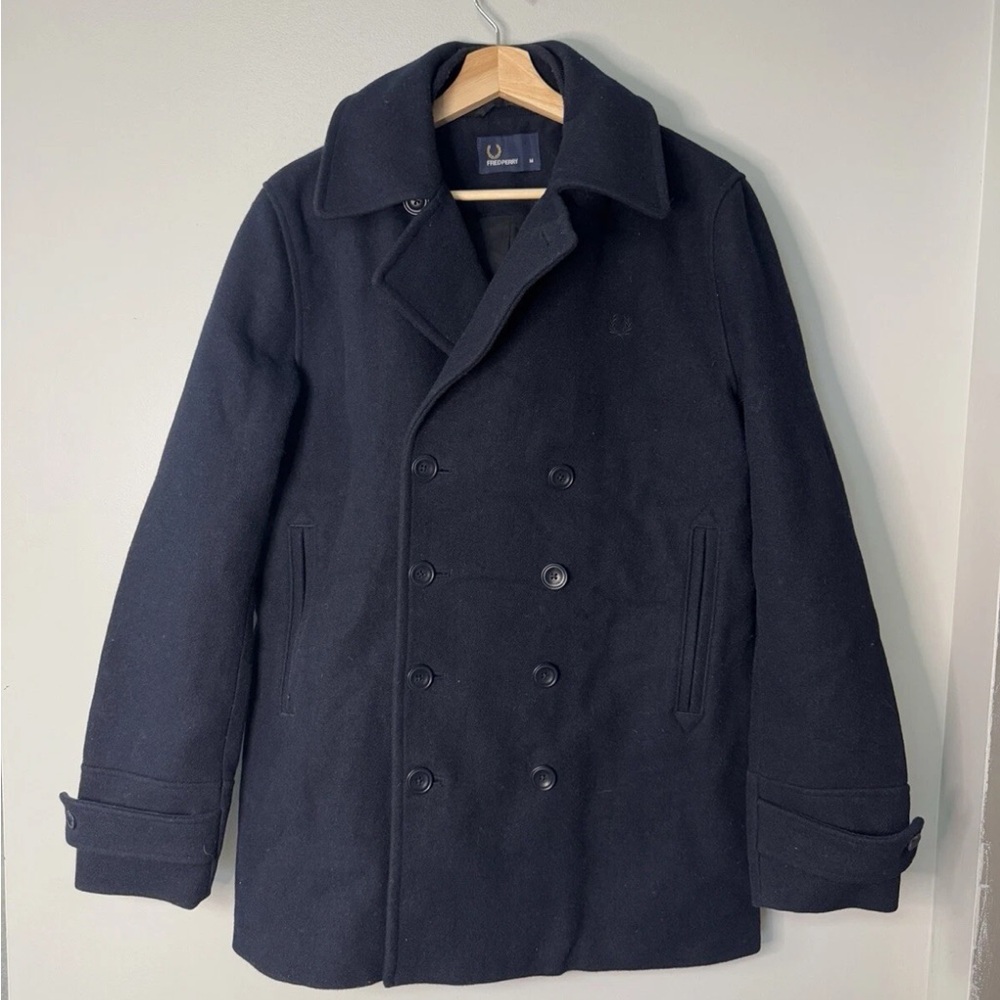 Fred Perry Wool Peacoat Trench Jacket Medium Men's Navy Blue